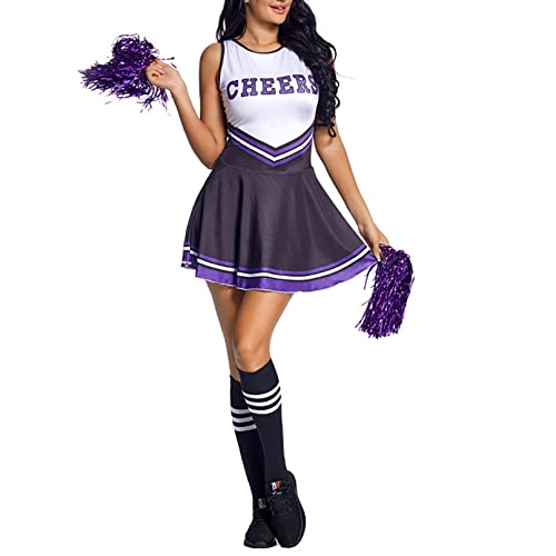 Jugaoge Damen Cheerleading Uniform Ärmellos Tanzkleid mit Pompons und Kniestrümpfe Sport Socken Cosplay Kostüm Komplett Set Halloween Outfits Dunkelviolett L von Jugaoge