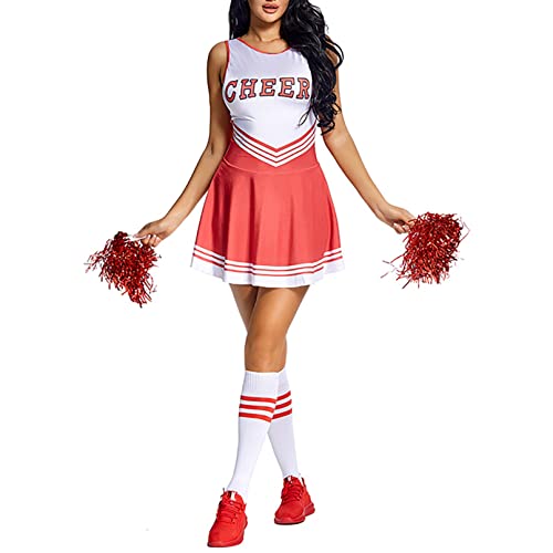 Jugaoge Damen Cheerleading Uniform Ärmellos Tanzkleid mit Pompons und Kniestrümpfe Sport Socken Cosplay Kostüm Komplett Set Halloween Outfits Rot L von Jugaoge
