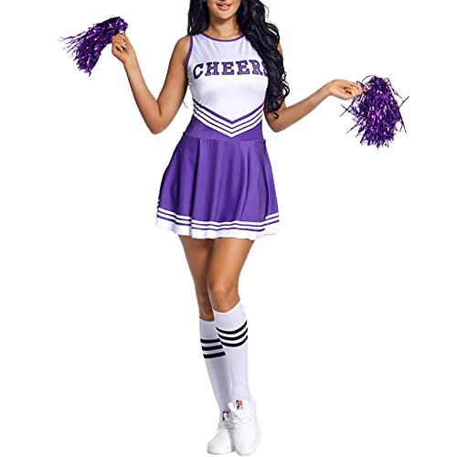 Jugaoge Damen Cheerleading Uniform Ärmellos Tanzkleid mit Pompons und Kniestrümpfe Sport Socken Cosplay Kostüm Komplett Set Halloween Outfits Violett M von Jugaoge