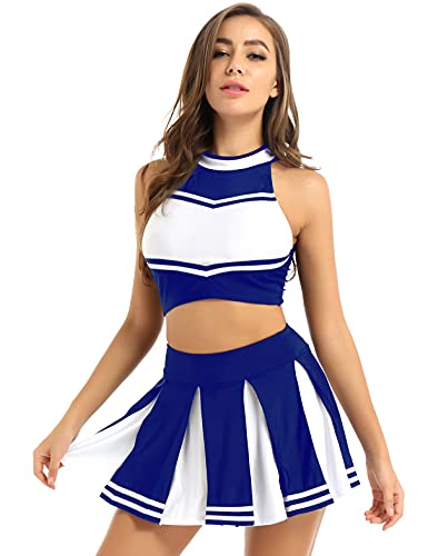 Jugaoge Damen Cheerleading Uniform Gestreift Crop Top und Faltenrock Sport Zweiteiler Tanz Kleidung Set Halloween Party Outfits Blau XL von Jugaoge