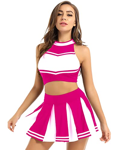 Jugaoge Damen Cheerleading Uniform Gestreift Crop Top und Faltenrock Sport Zweiteiler Tanz Kleidung Set Halloween Party Outfits Hot Pink M von Jugaoge