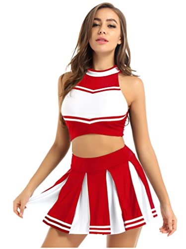 Jugaoge Damen Cheerleading Uniform Gestreift Crop Top und Faltenrock Sport Zweiteiler Tanz Kleidung Set Halloween Party Outfits Rot S von Jugaoge