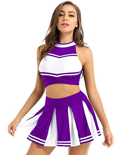 Jugaoge Damen Cheerleading Uniform Gestreift Crop Top und Faltenrock Sport Zweiteiler Tanz Kleidung Set Halloween Party Outfits Violett L von Jugaoge