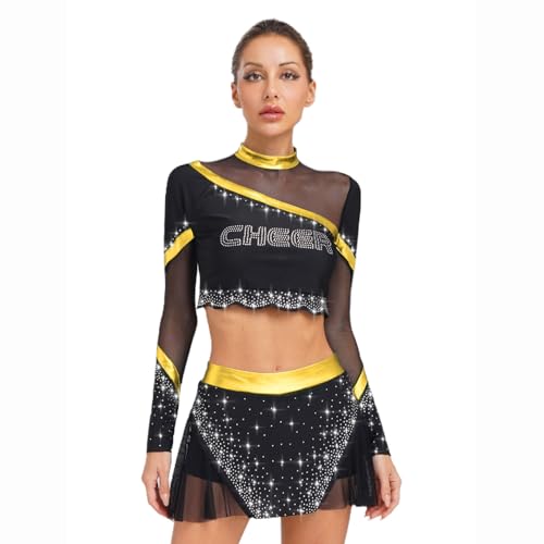 Jugaoge Damen Cheerleading Uniform Langarm Crop Top Tanzshirt und Faltenrock mit Strass Metallic Streifen Sport Tanz Kleidung Set Cosplay Outfits Gold XXL Jugaoge Damen Cheerleading Uniform Langarm Crop Top Tanzshirt und Faltenrock mit Strass Metallic Streifen Sport Tanz Kleidung Set Cosplay Outfits Gold XXL von Jugaoge