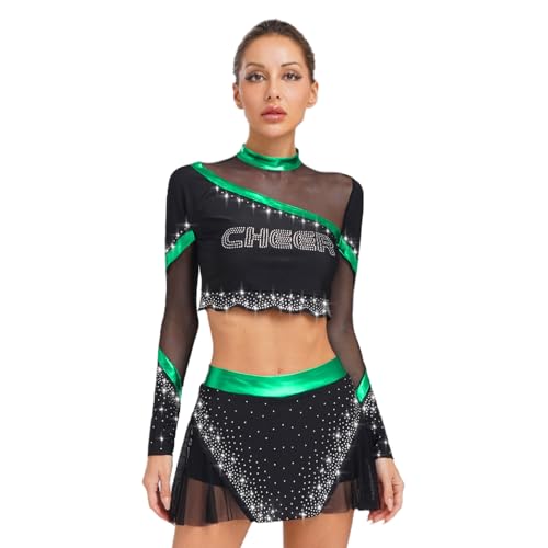 Jugaoge Damen Cheerleading Uniform Langarm Crop Top Tanzshirt und Faltenrock mit Strass Metallic Streifen Sport Tanz Kleidung Set Cosplay Outfits Grün XXL Jugaoge Damen Cheerleading Uniform Langarm Crop Top Tanzshirt und Faltenrock mit Strass Metallic Streifen Sport Tanz Kleidung Set Cosplay Outfits Grün XXL von Jugaoge