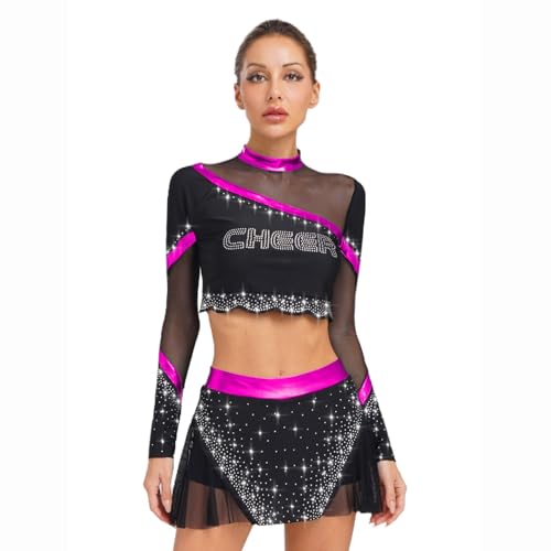 Jugaoge Damen Cheerleading Uniform Langarm Crop Top Tanzshirt und Faltenrock mit Strass Metallic Streifen Sport Tanz Kleidung Set Cosplay Outfits Hot Pink XXL Jugaoge Damen Cheerleading Uniform Langarm Crop Top Tanzshirt und Faltenrock mit Strass Metallic Streifen Sport Tanz Kleidung Set Cosplay Outfits Hot Pink XXL von Jugaoge