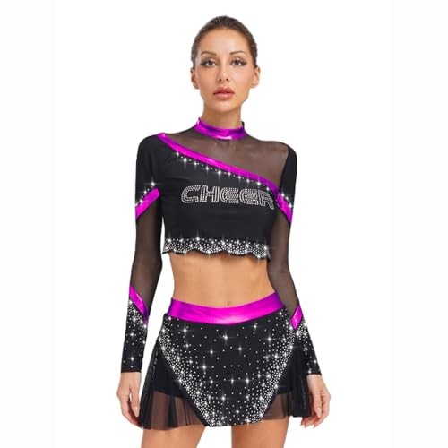 Jugaoge Damen Cheerleading Uniform Langarm Crop Top Tanzshirt und Faltenrock mit Strass Metallic Streifen Sport Tanz Kleidung Set Cosplay Outfits Violett XL Jugaoge Damen Cheerleading Uniform Langarm Crop Top Tanzshirt und Faltenrock mit Strass Metallic Streifen Sport Tanz Kleidung Set Cosplay Outfits Violett XL von Jugaoge