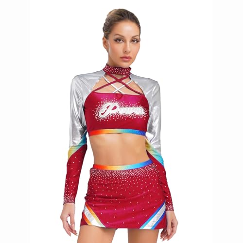 Jugaoge Damen Cheerleading Uniform Langarm Rollkragen Crop Top und Slim Fit Bodycon Rock mit Buchstaben Metallic Streifen Sport Tanz Kleidung Set Cosplay Outfits Burgundy XXL Jugaoge Damen Cheerleading Uniform Langarm Rollkragen Crop Top und Slim Fit Bodycon Rock mit Buchstaben Metallic Streifen Sport Tanz Kleidung Set Cosplay Outfits Burgundy XXL von Jugaoge