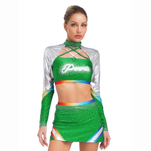 Jugaoge Damen Cheerleading Uniform Langarm Rollkragen Crop Top und Slim Fit Bodycon Rock mit Buchstaben Metallic Streifen Sport Tanz Kleidung Set Cosplay Outfits Grün XXL Jugaoge Damen Cheerleading Uniform Langarm Rollkragen Crop Top und Slim Fit Bodycon Rock mit Buchstaben Metallic Streifen Sport Tanz Kleidung Set Cosplay Outfits Grün XXL von Jugaoge