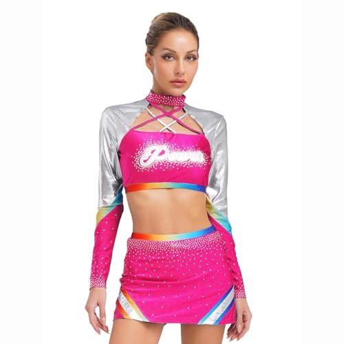 Jugaoge Damen Cheerleading Uniform Langarm Rollkragen Crop Top und Slim Fit Bodycon Rock mit Buchstaben Metallic Streifen Sport Tanz Kleidung Set Cosplay Outfits Hot Pink XXL Jugaoge Damen Cheerleading Uniform Langarm Rollkragen Crop Top und Slim Fit Bodycon Rock mit Buchstaben Metallic Streifen Sport Tanz Kleidung Set Cosplay Outfits Hot Pink XXL von Jugaoge