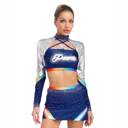 Jugaoge Damen Cheerleading Uniform Langarm Rollkragen Crop Top und Slim Fit Bodycon Rock mit Buchstaben Metallic Streifen Sport Tanz Kleidung Set Cosplay Outfits Navy blau XXL Jugaoge Damen Cheerleading Uniform Langarm Rollkragen Crop Top und Slim Fit Bodycon Rock mit Buchstaben Metallic Streifen Sport Tanz Kleidung Set Cosplay Outfits Navy blau XXL von Jugaoge