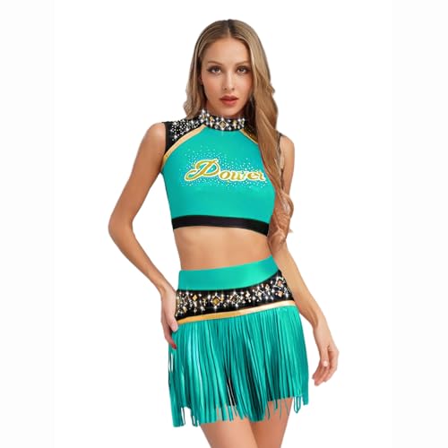 Jugaoge Damen Cheerleading Uniformen Ärmelloses Crop Top und Faltenrock mit Buchstaben Fransen Metallic Streifen Sport Tanz Kleidung Set Cosplay Outfits Grün L Jugaoge Damen Cheerleading Uniformen Ärmelloses Crop Top und Faltenrock mit Buchstaben Fransen Metallic Streifen Sport Tanz Kleidung Set Cosplay Outfits Grün L von Jugaoge