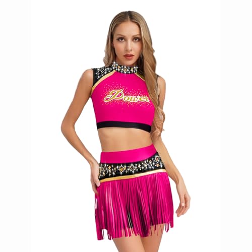 Jugaoge Damen Cheerleading Uniformen Ärmelloses Crop Top und Faltenrock mit Buchstaben Fransen Metallic Streifen Sport Tanz Kleidung Set Cosplay Outfits Hot Pink XXL Jugaoge Damen Cheerleading Uniformen Ärmelloses Crop Top und Faltenrock mit Buchstaben Fransen Metallic Streifen Sport Tanz Kleidung Set Cosplay Outfits Hot Pink XXL von Jugaoge