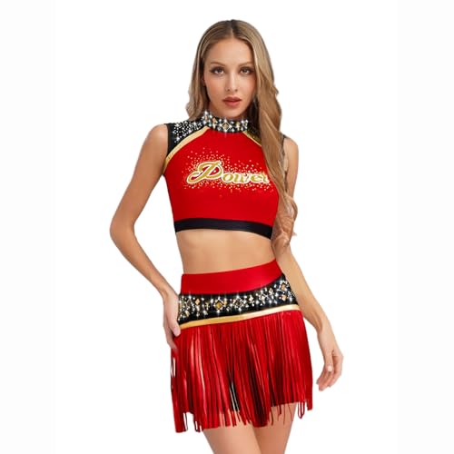 Jugaoge Damen Cheerleading Uniformen Ärmelloses Crop Top und Faltenrock mit Buchstaben Fransen Metallic Streifen Sport Tanz Kleidung Set Cosplay Outfits Rot M Jugaoge Damen Cheerleading Uniformen Ärmelloses Crop Top und Faltenrock mit Buchstaben Fransen Metallic Streifen Sport Tanz Kleidung Set Cosplay Outfits Rot M von Jugaoge