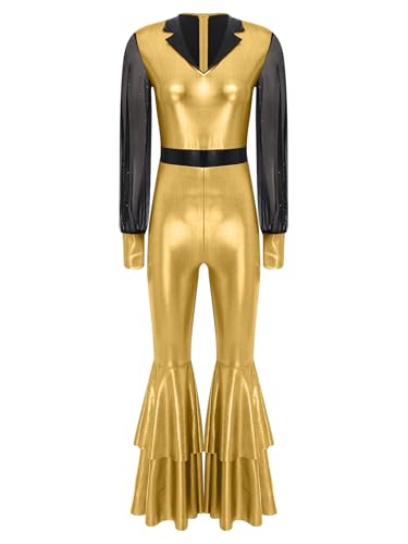 Jugaoge Damen Glänzend Jumpsuit Mesh Spleiß Overall Lange Puffärmel Body mit Flared Hose Bell Bottom Pants Vintage 70s Jahre Disco Hippie Kostüm Clubwear Gold M Jugaoge Damen Glänzend Jumpsuit Mesh Spleiß Overall Lange Puffärmel Body mit Flared Hose Bell Bottom Pants Vintage 70s Jahre Disco Hippie Kostüm Clubwear Gold M von Jugaoge
