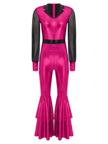 Jugaoge Damen Glänzend Jumpsuit Mesh Spleiß Overall Lange Puffärmel Body mit Flared Hose Bell Bottom Pants Vintage 70s Jahre Disco Hippie Kostüm Clubwear Hot Pink L Jugaoge Damen Glänzend Jumpsuit Mesh Spleiß Overall Lange Puffärmel Body mit Flared Hose Bell Bottom Pants Vintage 70s Jahre Disco Hippie Kostüm Clubwear Hot Pink L von Jugaoge
