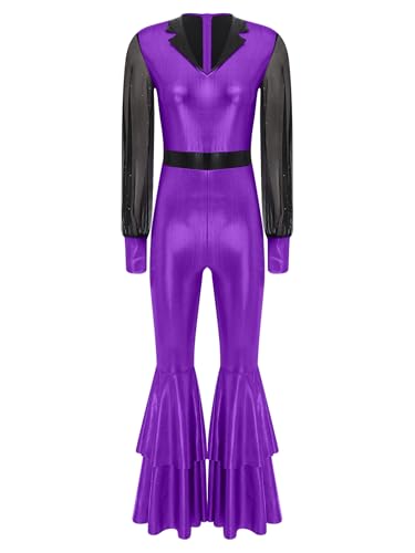 Jugaoge Damen Glänzend Jumpsuit Mesh Spleiß Overall Lange Puffärmel Body mit Flared Hose Bell Bottom Pants Vintage 70s Jahre Disco Hippie Kostüm Clubwear Violett XL Jugaoge Damen Glänzend Jumpsuit Mesh Spleiß Overall Lange Puffärmel Body mit Flared Hose Bell Bottom Pants Vintage 70s Jahre Disco Hippie Kostüm Clubwear Violett XL von Jugaoge