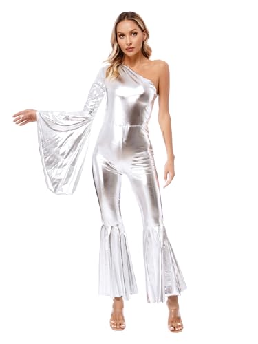 Jugaoge Damen Glänzend Jumpsuit One Shoulder Glockenärmel Overall Metallic Ganzkörperanzug mit Glockenhose Schlaghose Cheerleading Disco Hippie Outfits Silber M Jugaoge Damen Glänzend Jumpsuit One Shoulder Glockenärmel Overall Metallic Ganzkörperanzug mit Glockenhose Schlaghose Cheerleading Disco Hippie Outfits Silber M von Jugaoge