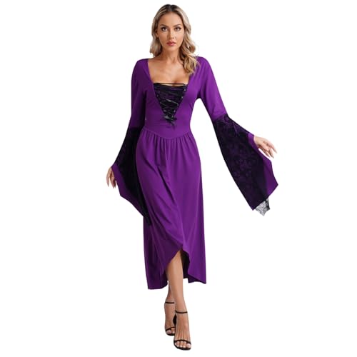 Jugaoge Damen Gothic Renaissance Kleid Mittelalter Vintage Retro Schnürkleid Glockenärmel Abendkleid Cocktailkleider Halloweeen Mottoparty Outfits Violett 3XL von Jugaoge