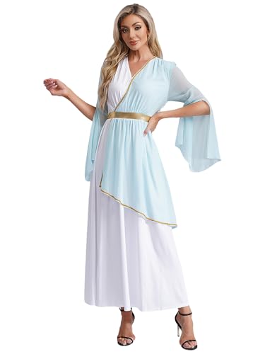 Jugaoge Damen Halloween Kostüme Glockenärmel Göttin Toga Kleid mit Farbblock Göttin Midikleider Ausgestellt Rock Cosplay Outfits gr. S-3XL Hellblau XL von Jugaoge