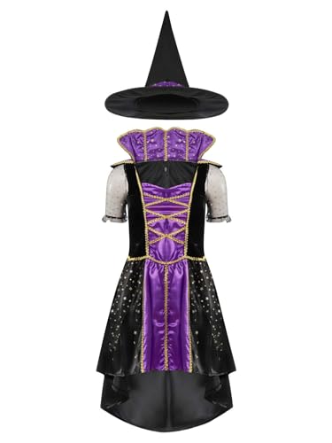 Jugaoge Damen Hexen Kostüm Gothic Zauberer Kleid mit Hexenhut Halloween Partykleid Vorne Kurz Hinten Lang Abendkleid Cocktailkleider Violett M von Jugaoge