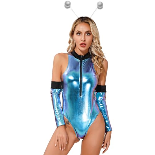 Jugaoge Damen Lack Leder Body Ärmellos Stringbody mit Neckholder Zipper Vorne Tanzbody + Lange Handschuhe + Alien Haarreifen Gogo Clubwear Bunt M von Jugaoge