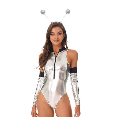 Jugaoge Damen Lack Leder Body Ärmellos Stringbody mit Neckholder Zipper Vorne Tanzbody + Lange Handschuhe + Alien Haarreifen Gogo Clubwear Silber XXL Jugaoge Damen Lack Leder Body Ärmellos Stringbody mit Neckholder Zipper Vorne Tanzbody + Lange Handschuhe + Alien Haarreifen Gogo Clubwear Silber XXL von Jugaoge