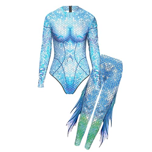 Jugaoge Damen Meerjungfrau Body Fischschuppen Print Bodysuit mit Lange Hose Slim Fit Leggings Gogo Motto Party Outfits Clubwear Blau S von Jugaoge