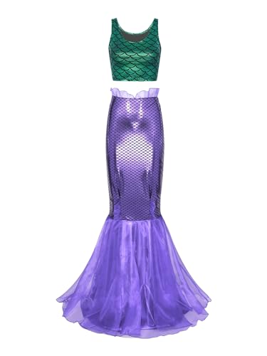 Jugaoge Damen Meerjungfrau Prinzessin Kostüm Crop Top und Festlich Maxi Bleistift Rock mit Volants Halloween Motto Party Cosplay Outfits Grün & Lila S von Jugaoge