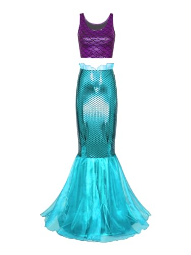 Jugaoge Damen Meerjungfrau Prinzessin Kostüm Crop Top und Festlich Maxi Bleistift Rock mit Volants Halloween Motto Party Cosplay Outfits Lila-blau L von Jugaoge