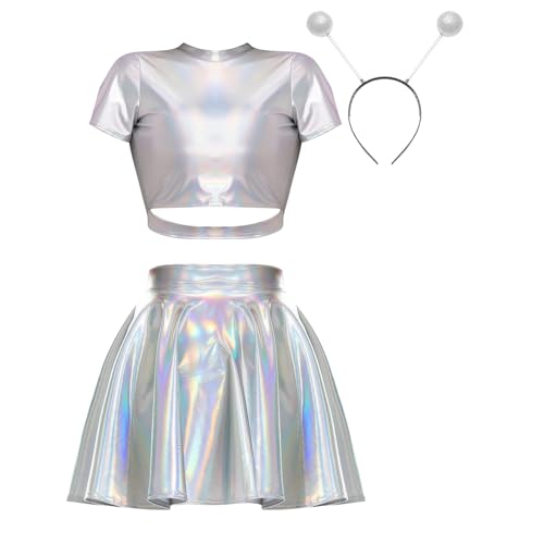 Jugaoge Damen Metallisch Crop Top Kurzarm Rundhals Tshirts und High Waist Lack Leder Rock mit Falten Plissee Stirnband Gogo Outfits Clubwear B Silber XL Jugaoge Damen Metallisch Crop Top Kurzarm Rundhals Tshirts und High Waist Lack Leder Rock mit Falten Plissee Stirnband Gogo Outfits Clubwear B Silber XL von Jugaoge