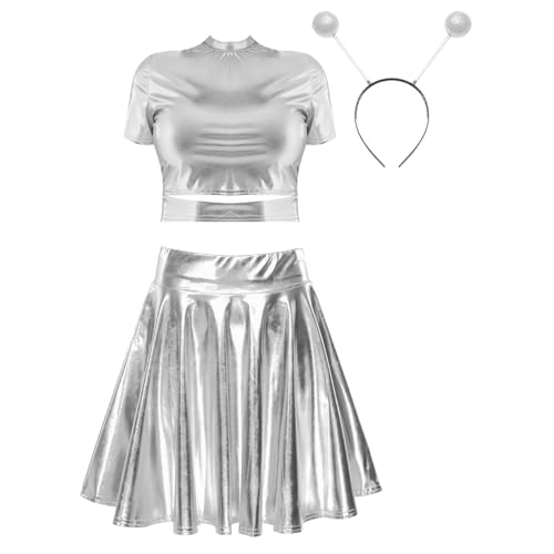 Jugaoge Damen Metallisch Crop Top Kurzarm Rundhals Tshirts und High Waist Lack Leder Rock mit Falten Plissee Stirnband Gogo Outfits Clubwear Ein silbernes S Jugaoge Damen Metallisch Crop Top Kurzarm Rundhals Tshirts und High Waist Lack Leder Rock mit Falten Plissee Stirnband Gogo Outfits Clubwear Ein silbernes S von Jugaoge