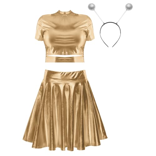 Jugaoge Damen Metallisch Crop Top Kurzarm Rundhals Tshirts und High Waist Lack Leder Rock mit Falten Plissee Stirnband Gogo Outfits Clubwear Gold L Jugaoge Damen Metallisch Crop Top Kurzarm Rundhals Tshirts und High Waist Lack Leder Rock mit Falten Plissee Stirnband Gogo Outfits Clubwear Gold L von Jugaoge