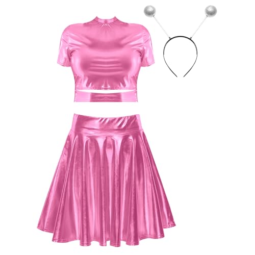 Jugaoge Damen Metallisch Crop Top Kurzarm Rundhals Tshirts und High Waist Lack Leder Rock mit Falten Plissee Stirnband Gogo Outfits Clubwear Rosa XL Jugaoge Damen Metallisch Crop Top Kurzarm Rundhals Tshirts und High Waist Lack Leder Rock mit Falten Plissee Stirnband Gogo Outfits Clubwear Rosa XL von Jugaoge
