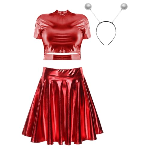 Jugaoge Damen Metallisch Crop Top Kurzarm Rundhals Tshirts und High Waist Lack Leder Rock mit Falten Plissee Stirnband Gogo Outfits Clubwear Rot XL Jugaoge Damen Metallisch Crop Top Kurzarm Rundhals Tshirts und High Waist Lack Leder Rock mit Falten Plissee Stirnband Gogo Outfits Clubwear Rot XL von Jugaoge