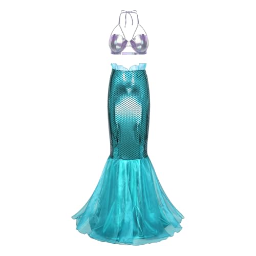 Jugaoge Damen Neckholder Meerjungfrau Top und Lack Leder Optik Rock Fischschuppen Print Tanzrock mit Rüschen Motto Party Gogo Outfits Clubwear Typ A L von Jugaoge