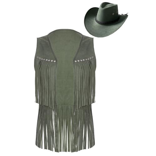 Jugaoge Damen Western Cowgirl Kostüm Wildleder Weste mit Fransen Cowboy Hut Retro Hippie Cosplay Motto Party Outfits Armeegrün S Jugaoge Damen Western Cowgirl Kostüm Wildleder Weste mit Fransen Cowboy Hut Retro Hippie Cosplay Motto Party Outfits Armeegrün S von Jugaoge