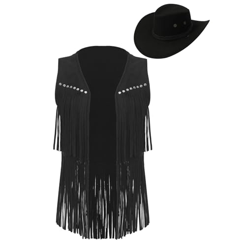 Jugaoge Damen Western Cowgirl Kostüm Wildleder Weste mit Fransen Cowboy Hut Retro Hippie Cosplay Motto Party Outfits Schwarz XXL Jugaoge Damen Western Cowgirl Kostüm Wildleder Weste mit Fransen Cowboy Hut Retro Hippie Cosplay Motto Party Outfits Schwarz XXL von Jugaoge