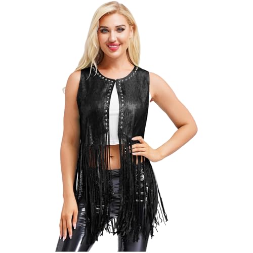 Jugaoge Damen Western Cowgirl Outfits Pailletten Weste mit Fransen Retro Gilet Tank Top 60er 70er Jahre Hippie Kostüm Gogo Clubwear Schwarz M Jugaoge Damen Western Cowgirl Outfits Pailletten Weste mit Fransen Retro Gilet Tank Top 60er 70er Jahre Hippie Kostüm Gogo Clubwear Schwarz M von Jugaoge
