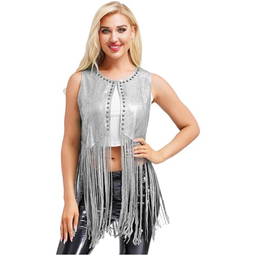 Jugaoge Damen Western Cowgirl Outfits Pailletten Weste mit Fransen Retro Gilet Tank Top 60er 70er Jahre Hippie Kostüm Gogo Clubwear Silber M Jugaoge Damen Western Cowgirl Outfits Pailletten Weste mit Fransen Retro Gilet Tank Top 60er 70er Jahre Hippie Kostüm Gogo Clubwear Silber M von Jugaoge