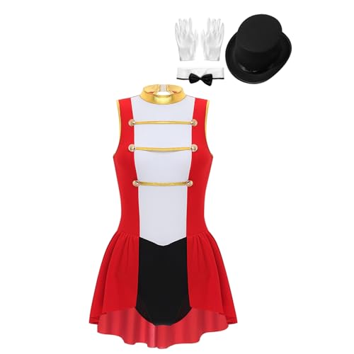 Jugaoge Damen Zirkus Direktor Kostüm Komplett Set mit Zubehöre Ringmaster Kleid und Hut Handschuhe und Fliege Mottoparty Cosplay Outfits B Rot 3XL von Jugaoge