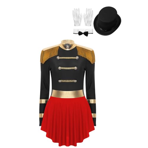 Jugaoge Damen Zirkus Direktor Kostüm Komplett Set mit Zubehöre Ringmaster Kleid und Hut Handschuhe und Fliege Mottoparty Cosplay Outfits C Schwarz 3XL von Jugaoge