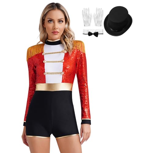 Jugaoge Damen Zirkus Uniformen Langarm Jumpsuit Kurz Overall mit Mütze Handschuhe und Fliege Halloween Cosplay Kostüm Gogo Clubwear Rot XL von Jugaoge