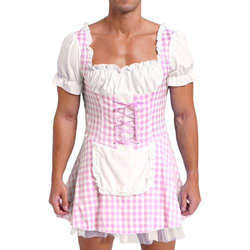 Jugaoge Herren Dienstmädchen Kleid Kariert Nachthemd Kurze Puffärmel Sommer Babydoll mit Schürze Schnürkleid Gothic Mittelalter Crossdresser Cosplay Kostüm Rosa XXL Jugaoge Herren Dienstmädchen Kleid Kariert Nachthemd Kurze Puffärmel Sommer Babydoll mit Schürze Schnürkleid Gothic Mittelalter Crossdresser Cosplay Kostüm Rosa XXL von Jugaoge