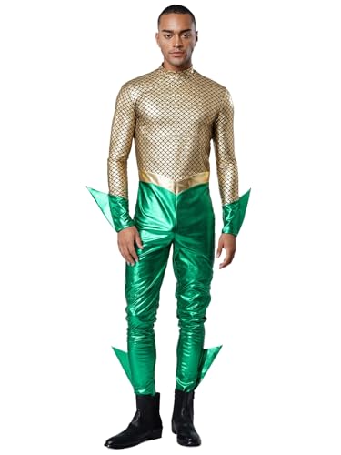 Jugaoge Herren Meerjungmann Kostüm Fischschuppen Print Jumpsuit Slim Fit Overall mit Rüschen Glänzend Ganzkörperanzug Body Motto Party Clubwear Goldgrün M von Jugaoge