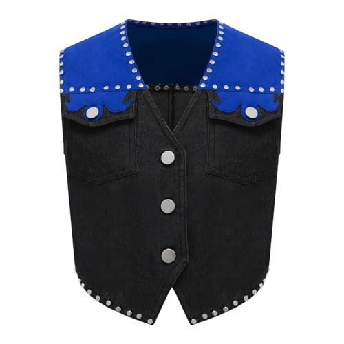 Jugaoge Jungen Cowboy Weste Western Wildleder Gilet Ärmellos Geknöpfte Anzugjacke Patchwork Blazer mit Fransen Retro Hippie Kleidung Party Outfits Königsblau 158-164 von Jugaoge