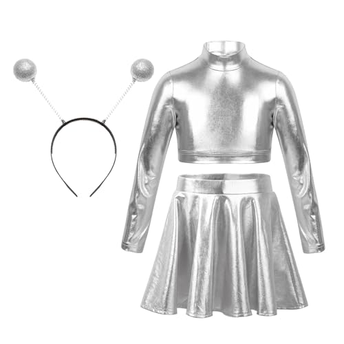Jugaoge Mädchen Alien Haarreifen mit Langarm Rollkragen Crop Top Shirts und High Waist Gefaltet Rock mit Glitzer Modern Jazz Tanz Kleidung Set Silber 134-140 Jugaoge Mädchen Alien Haarreifen mit Langarm Rollkragen Crop Top Shirts und High Waist Gefaltet Rock mit Glitzer Modern Jazz Tanz Kleidung Set Silber 134-140 von Jugaoge