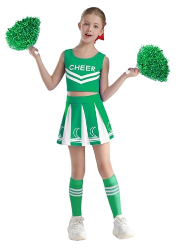 Jugaoge Mädchen Cheerleading Uniform Gestreift Crop Top und Faltenrock mit Handblumen Strümpfe Sport Tanz Kleidung Set 4Pcs Halloween Cosplay Outfits Grün 122-128 Jugaoge Mädchen Cheerleading Uniform Gestreift Crop Top und Faltenrock mit Handblumen Strümpfe Sport Tanz Kleidung Set 4Pcs Halloween Cosplay Outfits Grün 122-128 von Jugaoge