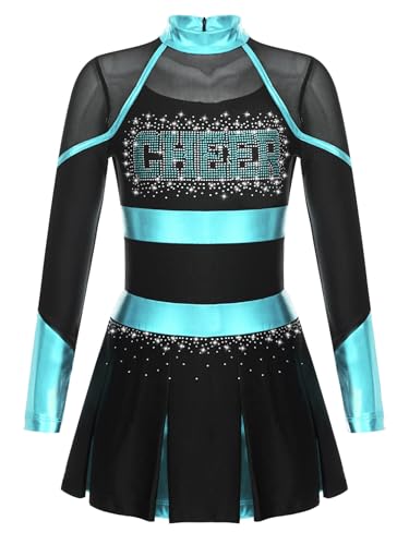 Jugaoge Mädchen Cheerleading Uniform Glitzer Kleid mit Faltenrock Metallic Streifen Sport Tanz Kleidung Halloween Wettbewerb Show Outfits Schwarz & Blau Grün 146-152 von Jugaoge