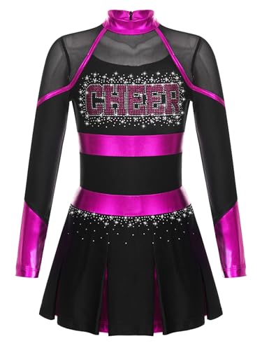 Jugaoge Mädchen Cheerleading Uniform Glitzer Kleid mit Faltenrock Metallic Streifen Sport Tanz Kleidung Halloween Wettbewerb Show Outfits Schwarz & Hot Pink 158-164 von Jugaoge